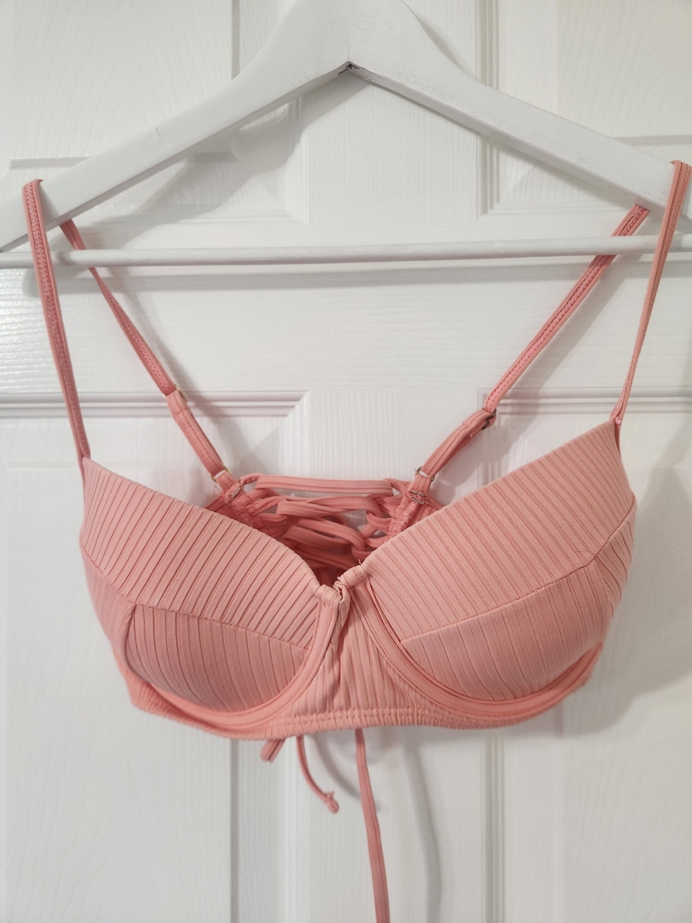 Wallflower Ribbed Lace Up Back Underwire Blush Pink Bikini Top Sz M